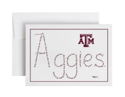 Aggies written in hand-printed Bible verses in maroon ink with the Texas A&M logo on note card