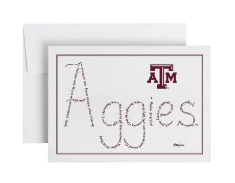 Aggies written in hand-printed Bible verses in maroon ink with the Texas A&M logo on note card