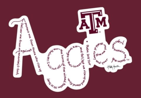 Aggies created with hand-printed Bible verses in maroon ink on a white background with the official ATM logo on a magnet