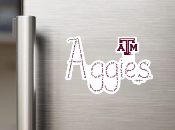 Aggies created with hand-printed Bible verses in maroon ink on a white background with the official ATM logo on a magnet