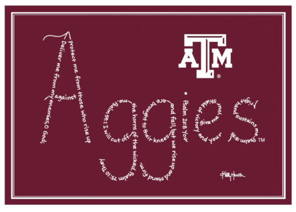 Aggies created with hand-printed Bible verses in white ink on a maroon background with the official ATM logo