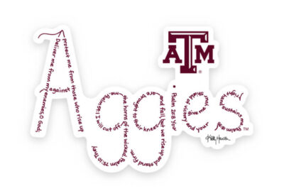 Aggies created with hand-printed Bible verses in maroon ink on a white background with the official ATM logo on a sticker