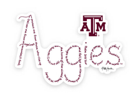 Aggies created with hand-printed Bible verses in maroon ink on a white background with the official ATM logo on a sticker