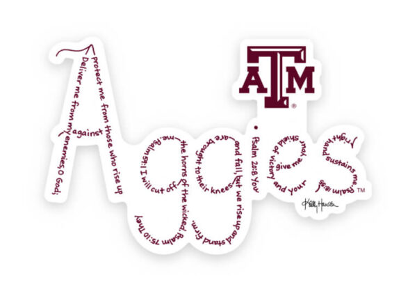 Aggies created with hand-printed Bible verses in maroon ink on a white background with the official ATM logo on a sticker