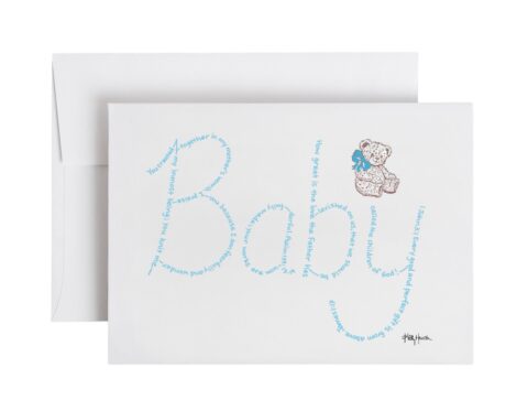 Baby written in hand-printed Bible verses in light blue ink on white paper with teddy bear stamp embellishment
