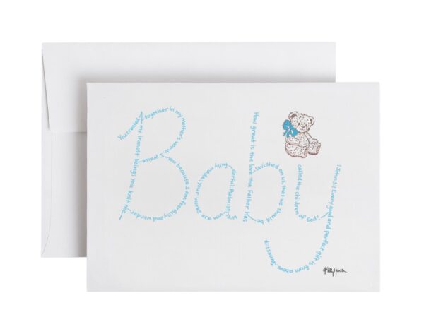 Baby written in hand-printed Bible verses in light blue ink on white paper with teddy bear stamp embellishment