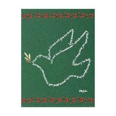 A dove image outline created with hand-printed Bible verses in white ink on a dark green background with red berry garland and a gold olive leaf in its mouth