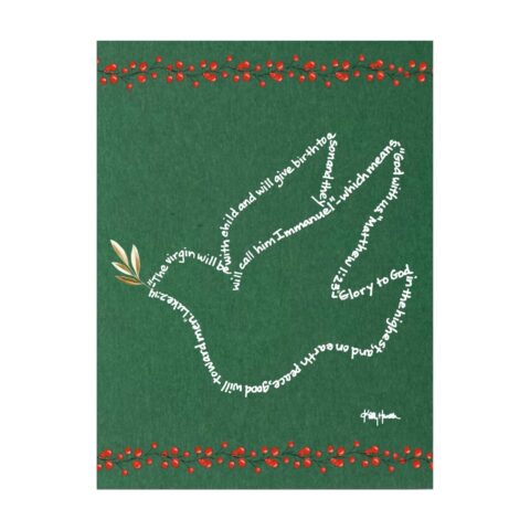 A dove image outline created with hand-printed Bible verses in white ink on a dark green background with red berry garland and a gold olive leaf in its mouth