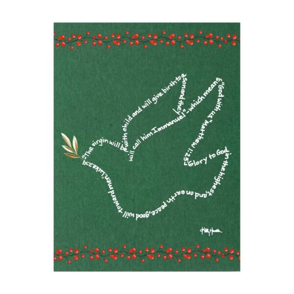 A dove image outline created with hand-printed Bible verses in white ink on a dark green background with red berry garland and a gold olive leaf in its mouth