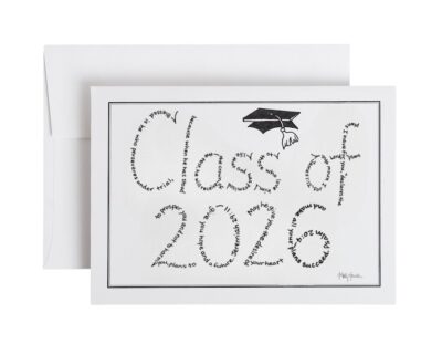 Class of 2026 written in hand-printed Bible verses in black ink with hand drawn graduation cap embellishment on note card