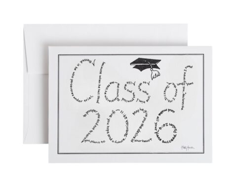Class of 2026 written in hand-printed Bible verses in black ink with hand drawn graduation cap embellishment on note card