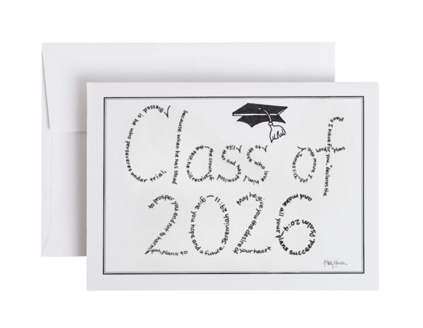Class of 2026 written in hand-printed Bible verses in black ink with hand drawn graduation cap embellishment on note card