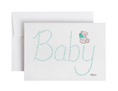 Baby written in hand-printed Bible verses in light green ink on white paper with teddy bear stamp embellishment
