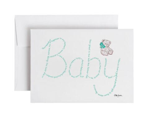 Baby written in hand-printed Bible verses in light green ink on white paper with teddy bear stamp embellishment