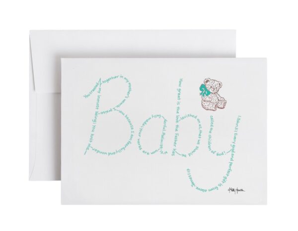 Baby written in hand-printed Bible verses in light green ink on white paper with teddy bear stamp embellishment