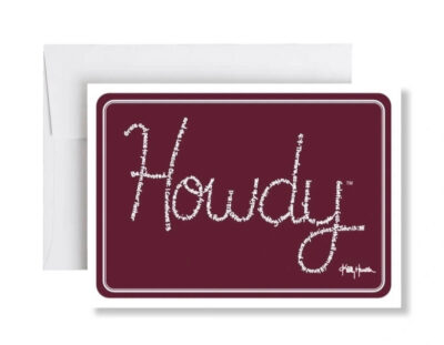 Howdy created with hand-printed Bible verses in white ink on a maroon background