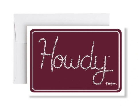 Howdy created with hand-printed Bible verses in white ink on a maroon background