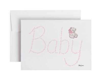 Baby written in hand-printed Bible verses in light pink ink on white paper with teddy bear stamp embellishment