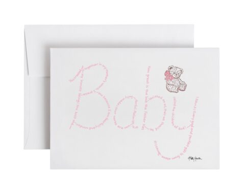 Baby written in hand-printed Bible verses in light pink ink on white paper with teddy bear stamp embellishment