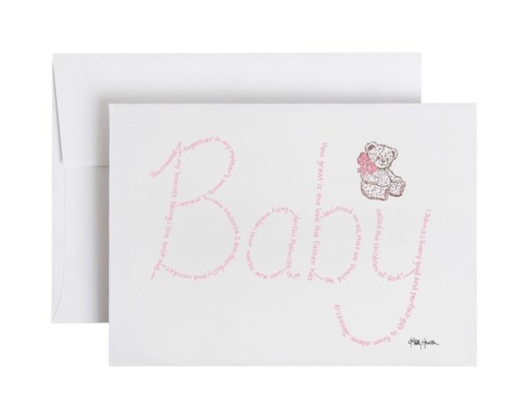 Baby written in hand-printed Bible verses in light pink ink on white paper with teddy bear stamp embellishment