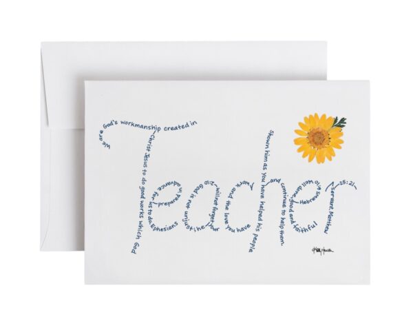 Teacher written in hand-printed Bible verses in blue ink on white paper with real pressed yellow flower embellishment