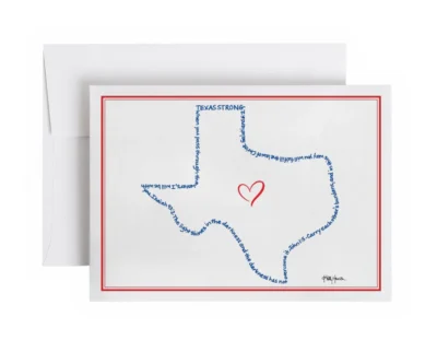 The state of Texas outline written with Texas Strong along with three additional hand-printed Bible verses