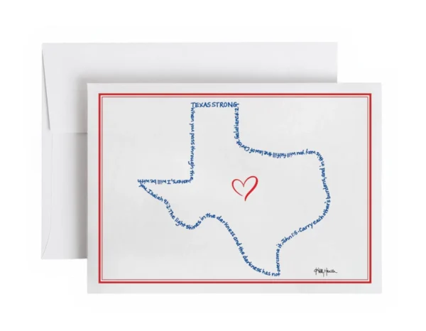 The state of Texas outline written with Texas Strong along with three additional hand-printed Bible verses